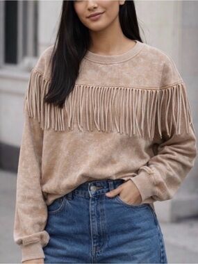 Evereve Taupe Fringe Crewneck Sweatshirt